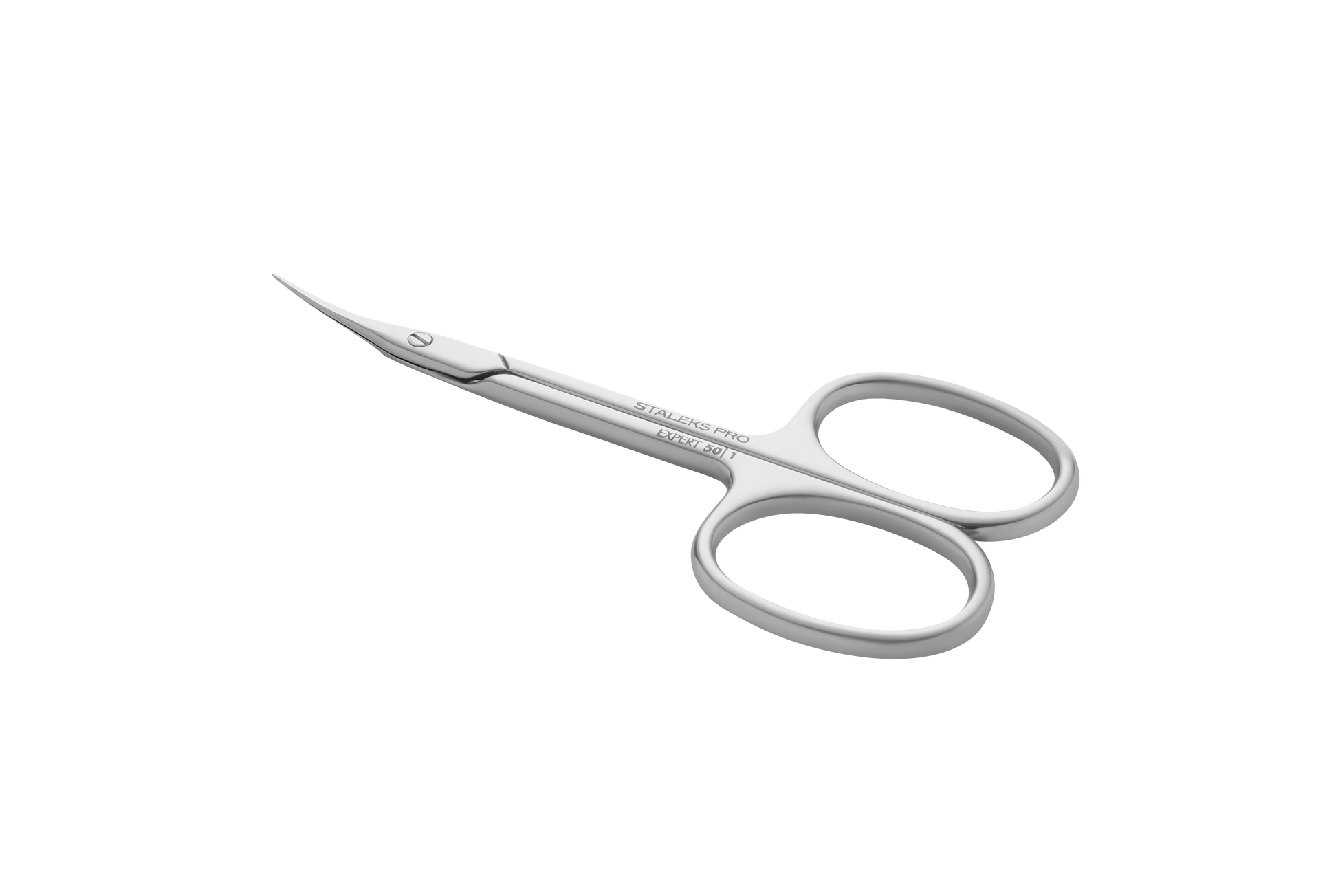 The STALEKS PRO Professional Cuticle Scissors EXPERT 50 TYPE 1 by Staleks feature curved, pointed high-alloy stainless steel blades and oval finger holes, ideal for precise manicure work. Isolated on a transparent background.