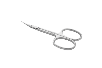 The STALEKS PRO Professional Cuticle Scissors EXPERT 50 TYPE 1 by Staleks feature curved, pointed high-alloy stainless steel blades and oval finger holes, ideal for precise manicure work. Isolated on a transparent background.