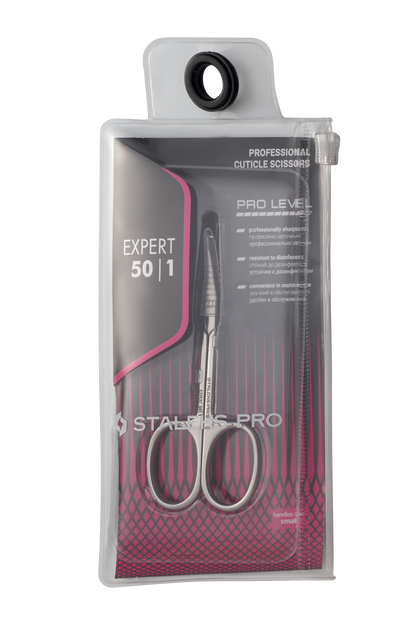A pair of Staleks STALEKS PRO Professional Cuticle Scissors EXPERT 50 TYPE 1 made of high-alloy stainless steel in a zippered transparent pouch with hanging hole, featuring pink and gray manicure-themed accents.