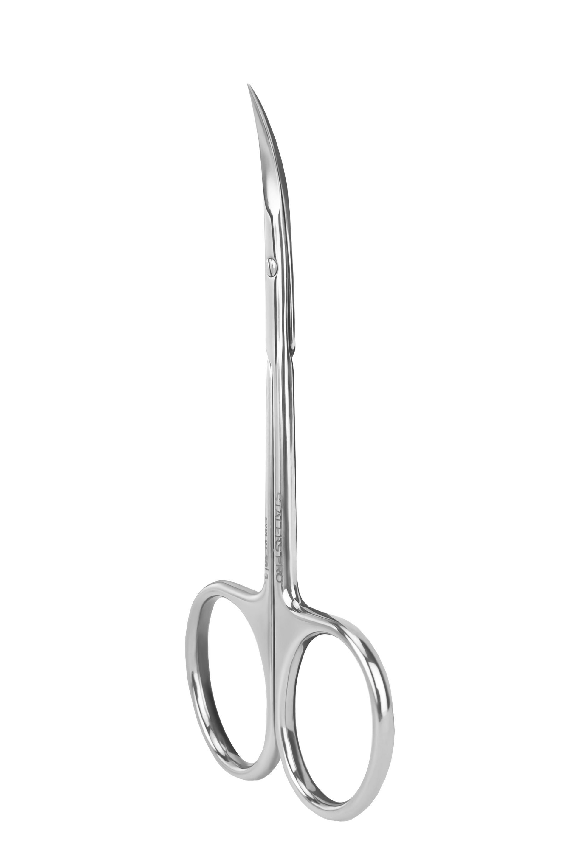 The STALEKS PRO Professional Cuticle Scissors EXPERT 50 TYPE 3 by Staleks feature shiny stainless steel, curved pointed blades, and round finger holes—ideal for precise manicure tasks.
