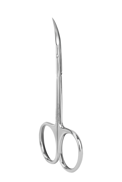 The STALEKS PRO Professional Cuticle Scissors EXPERT 50 TYPE 3 by Staleks feature shiny stainless steel, curved pointed blades, and round finger holes—ideal for precise manicure tasks.