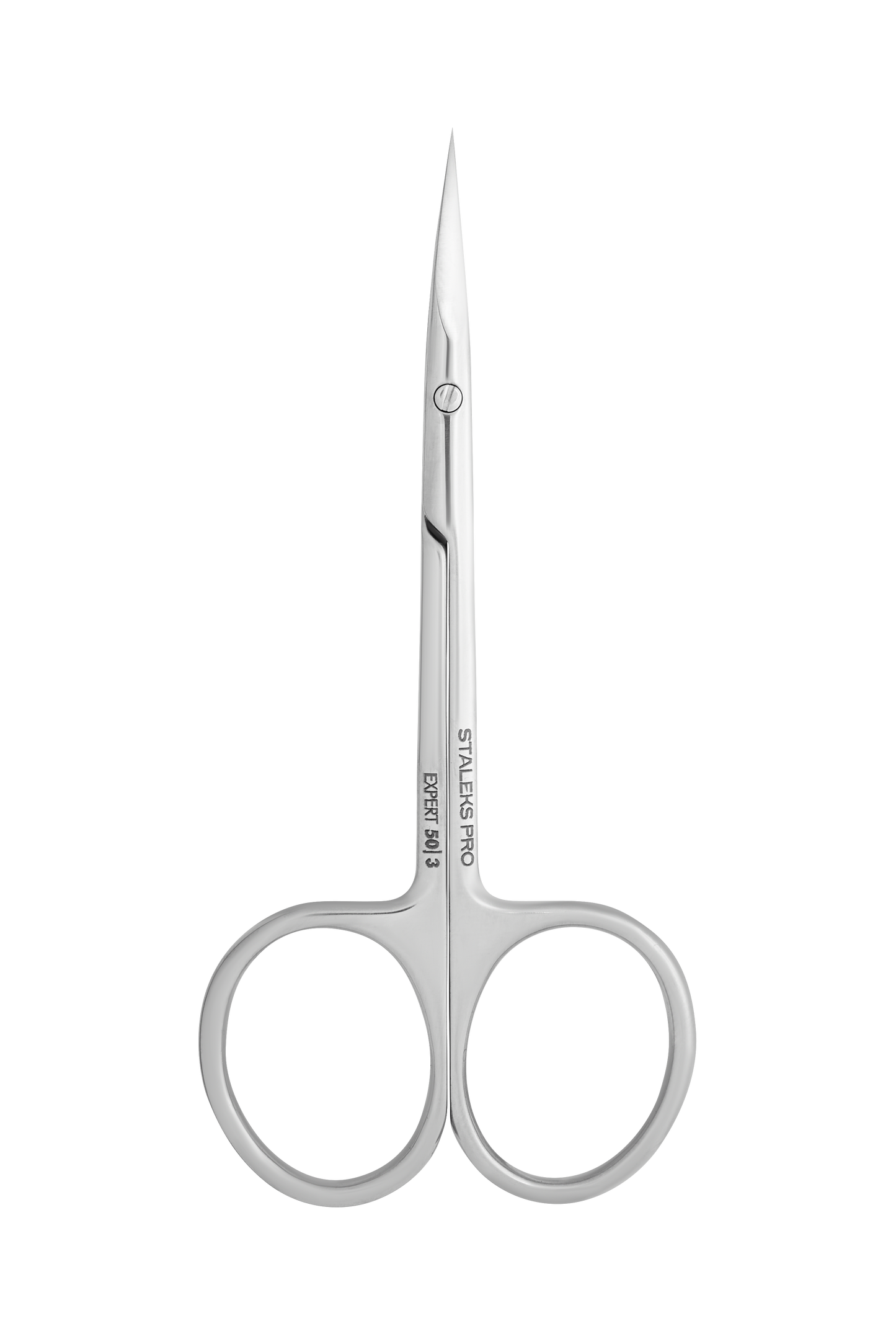 The STALEKS PRO Professional Cuticle Scissors EXPERT 50 TYPE 3 by Staleks feature thin, pointed stainless steel blades and equal-sized finger holes, displayed against a black background.