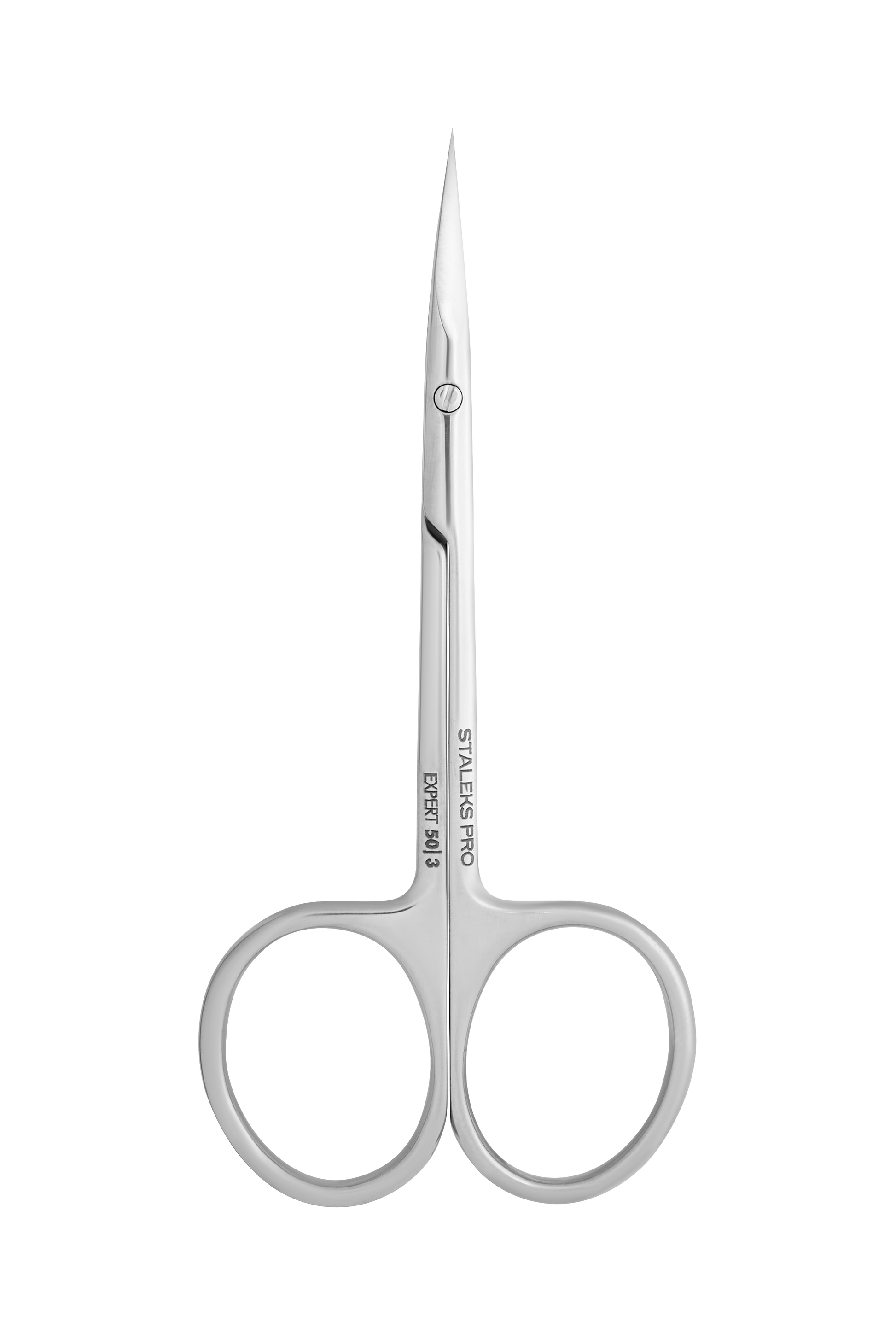 The STALEKS PRO Professional Cuticle Scissors EXPERT 50 TYPE 3 by Staleks feature thin, pointed stainless steel blades and equal-sized finger holes, displayed against a black background.