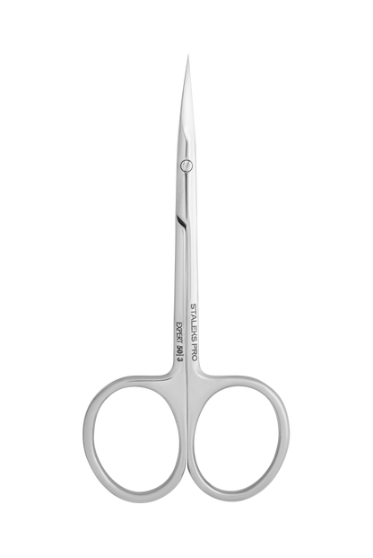 The STALEKS PRO Professional Cuticle Scissors EXPERT 50 TYPE 3 by Staleks feature thin, pointed stainless steel blades and equal-sized finger holes, displayed against a black background.