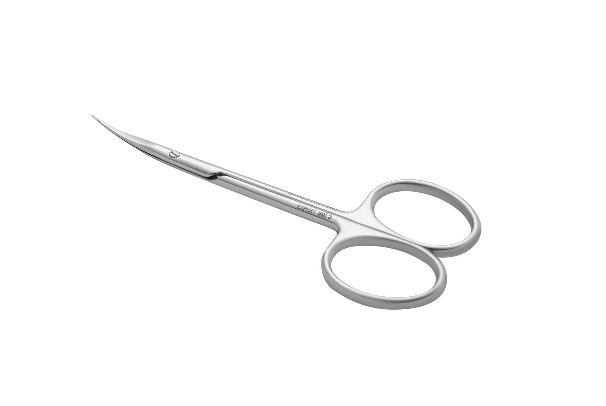 The Staleks STALEKS PRO Professional Cuticle Scissors EXPERT 50 TYPE 3 are small, silver, stainless steel scissors with curved blades and two finger loops, displayed on a plain black background.