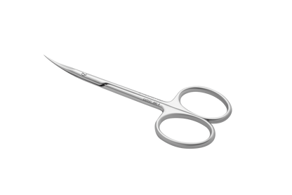 The Staleks STALEKS PRO Professional Cuticle Scissors EXPERT 50 TYPE 3 are small, silver, stainless steel scissors with curved blades and two finger loops, displayed on a plain black background.
