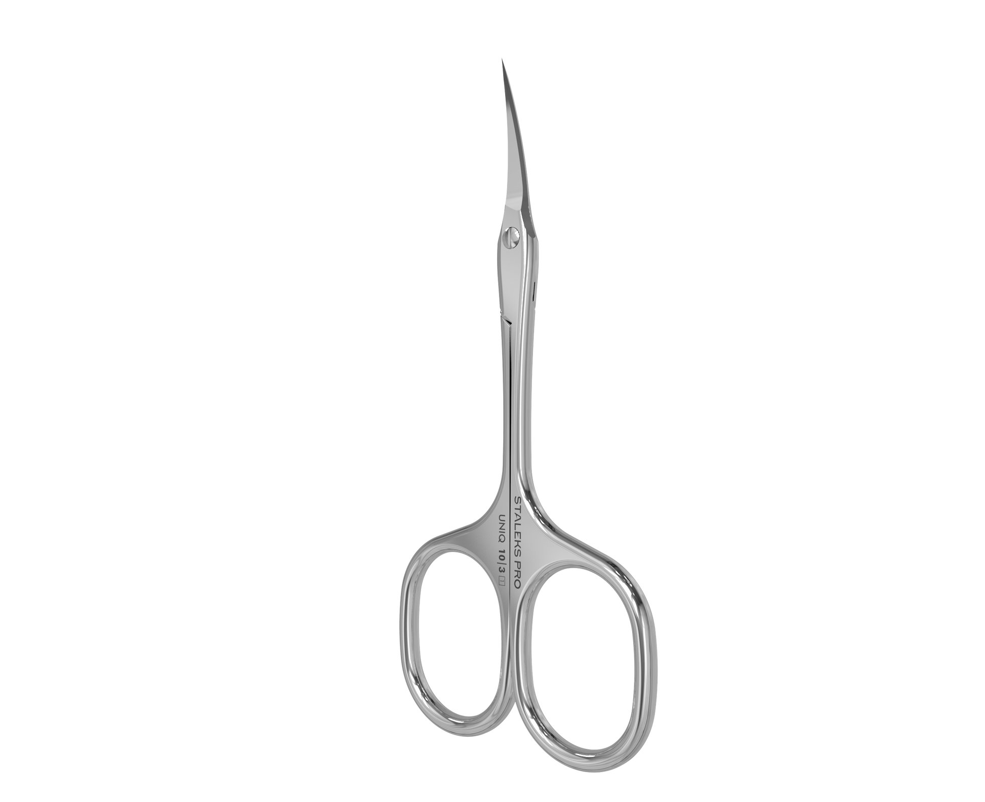 The STALEKS PRO Professional Cuticle Scissors Ballerina UNIQ 10 TYPE 3 by Staleks feature small, curved stainless steel blades and two finger holes—perfect for precise nail care and grooming in your manicure routine.
