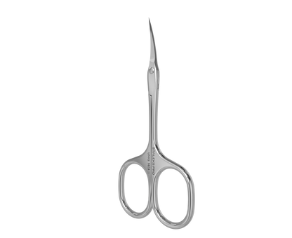 The STALEKS PRO Professional Cuticle Scissors Ballerina UNIQ 10 TYPE 3 by Staleks feature small, curved stainless steel blades and two finger holes—perfect for precise nail care and grooming in your manicure routine.