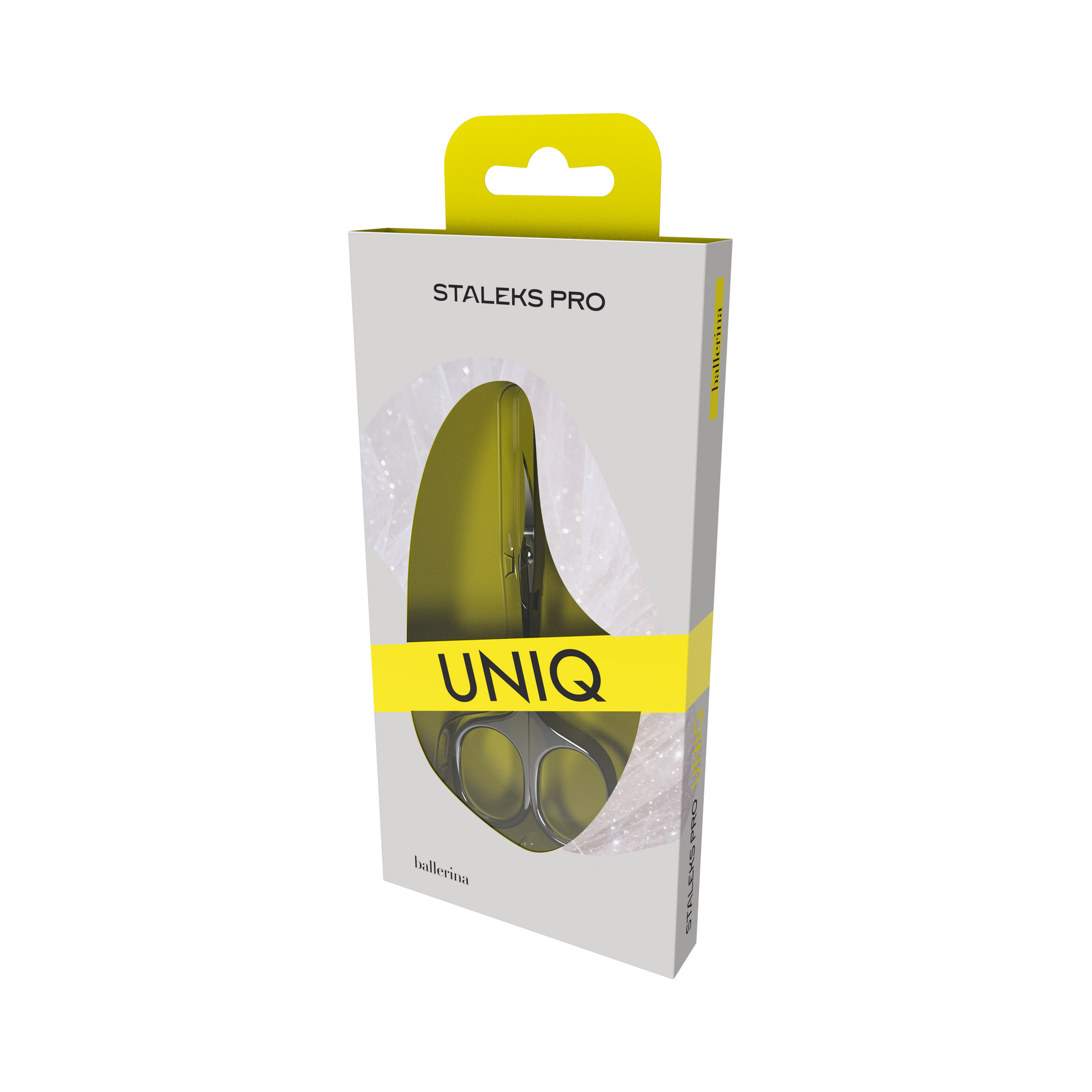 A box of Staleks STALEKS PRO Professional Cuticle Scissors Ballerina UNIQ 10 TYPE 3 in stainless steel, featuring a yellow and white design with a clear window and "UNIQ" boldly printed on the front.