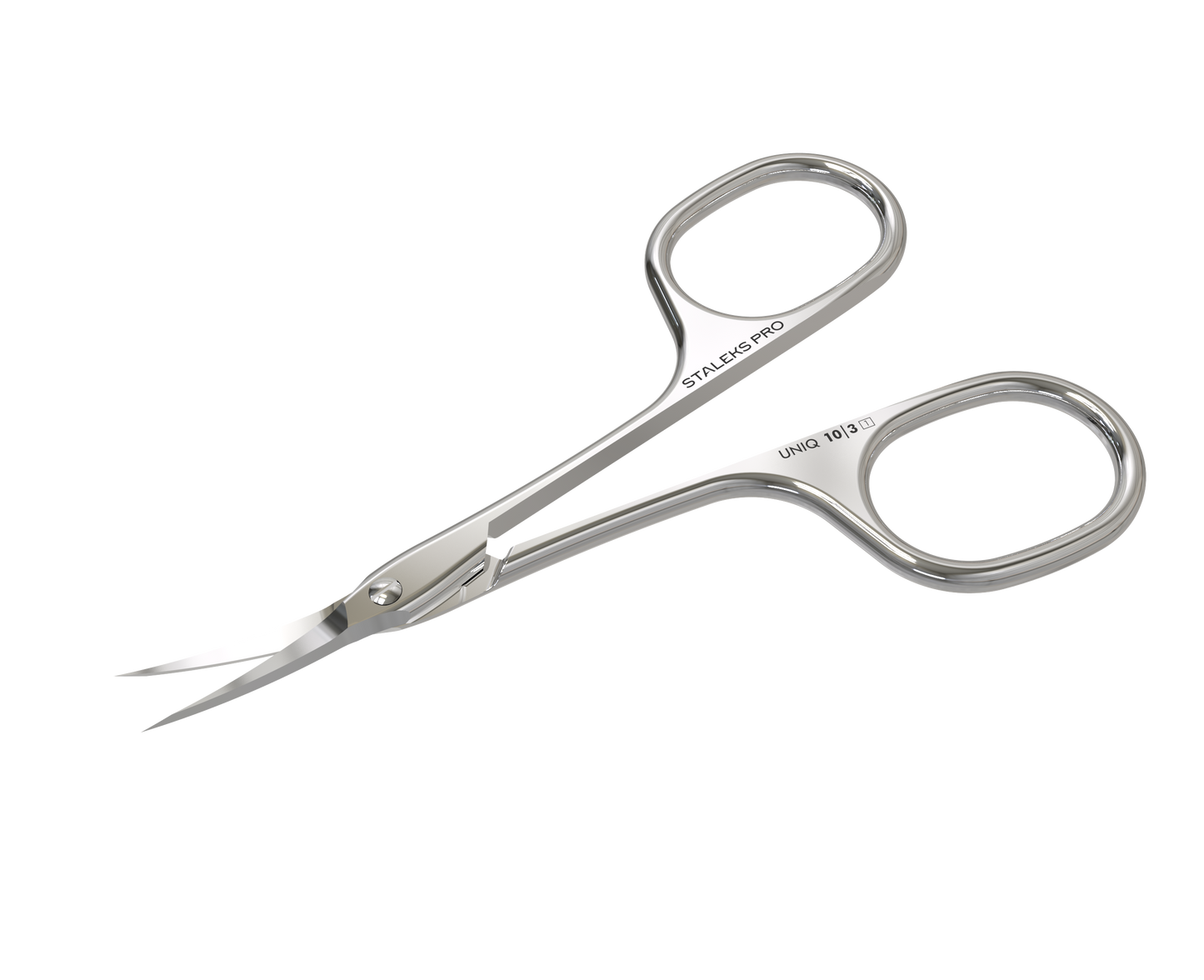 The STALEKS PRO Professional Cuticle Scissors Ballerina UNIQ 10 TYPE 3 by Staleks feature stainless steel, curved blades, and large finger holes—ideal manicure tools, shown isolated on a white background.