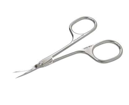 The STALEKS PRO Professional Cuticle Scissors Ballerina UNIQ 10 TYPE 3 by Staleks feature stainless steel, curved blades, and large finger holes—ideal manicure tools, shown isolated on a white background.