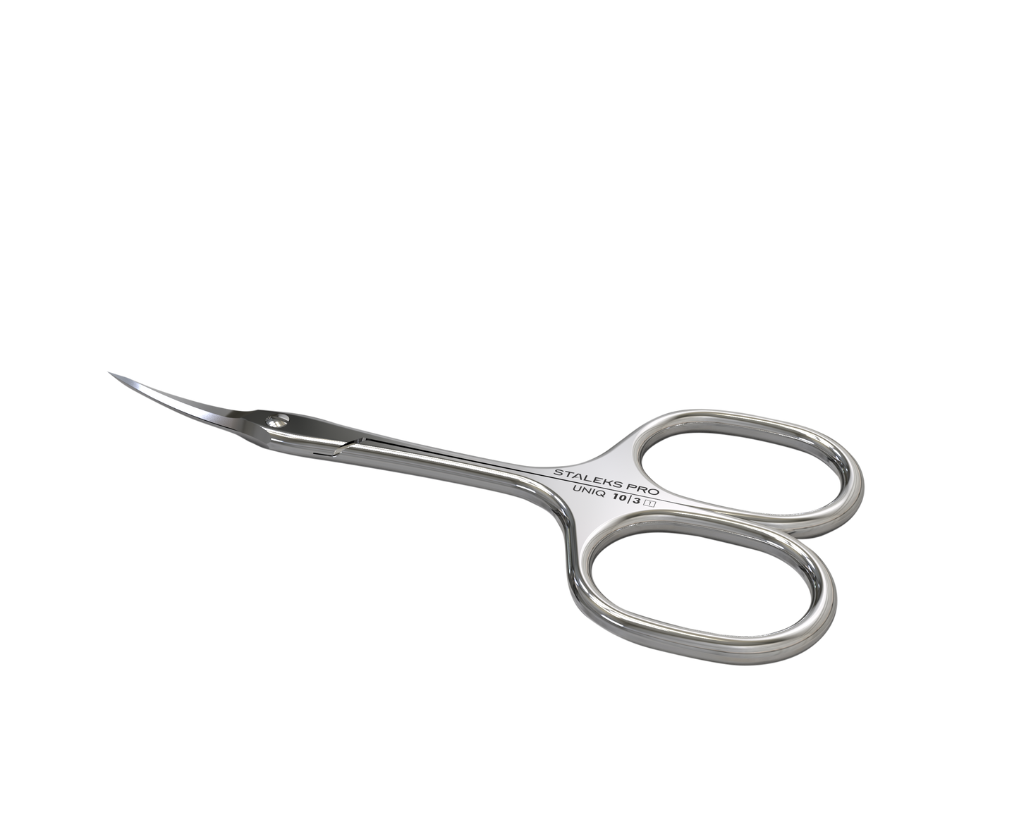 Staleks STALEKS PRO Professional Cuticle Scissors Ballerina UNIQ 10 TYPE 3 feature curved stainless steel blades and ergonomic finger holes, ideal manicure tools for precise trimming of nails or cuticles.