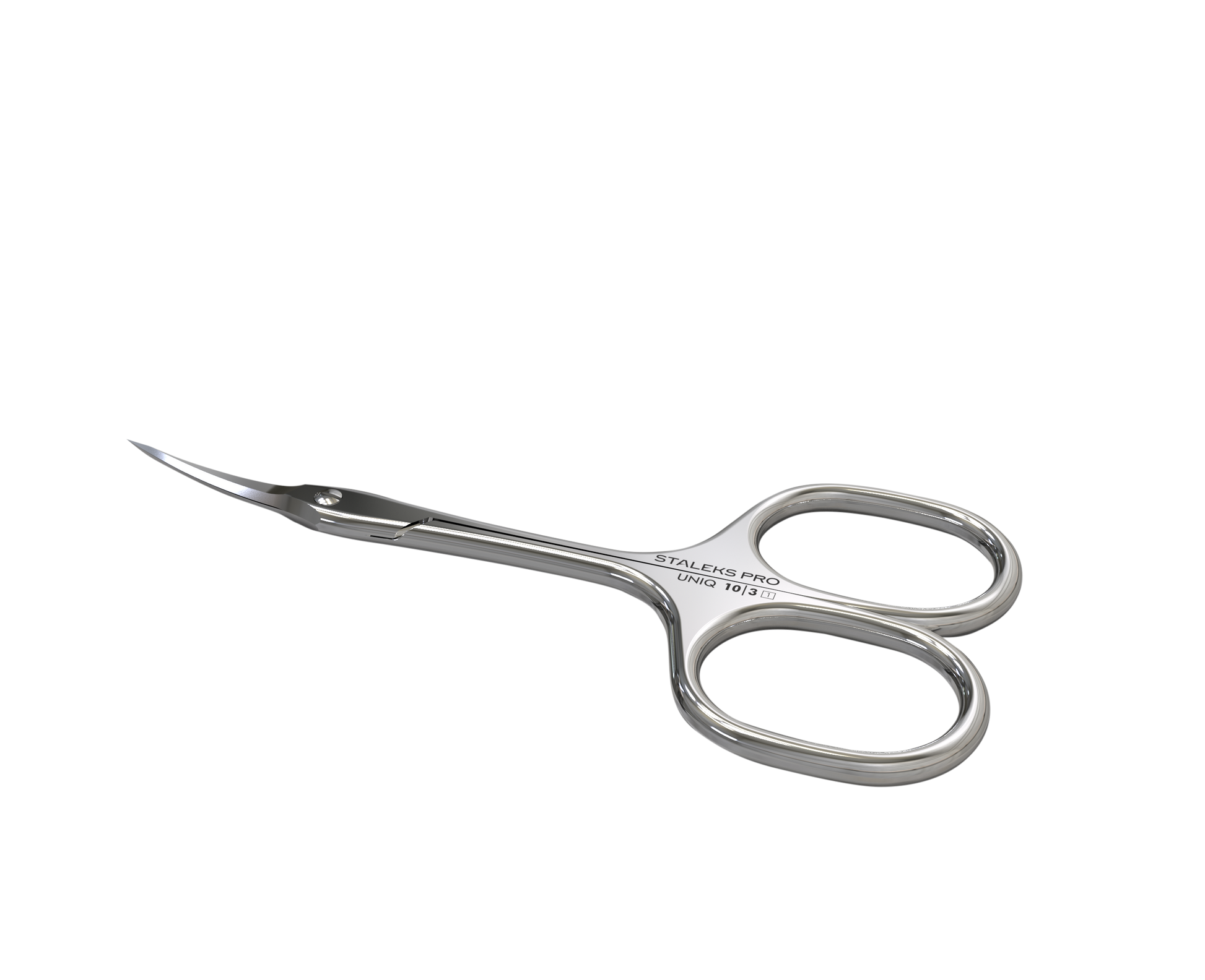 Staleks STALEKS PRO Professional Cuticle Scissors Ballerina UNIQ 10 TYPE 3 feature curved stainless steel blades and ergonomic finger holes, ideal manicure tools for precise trimming of nails or cuticles.