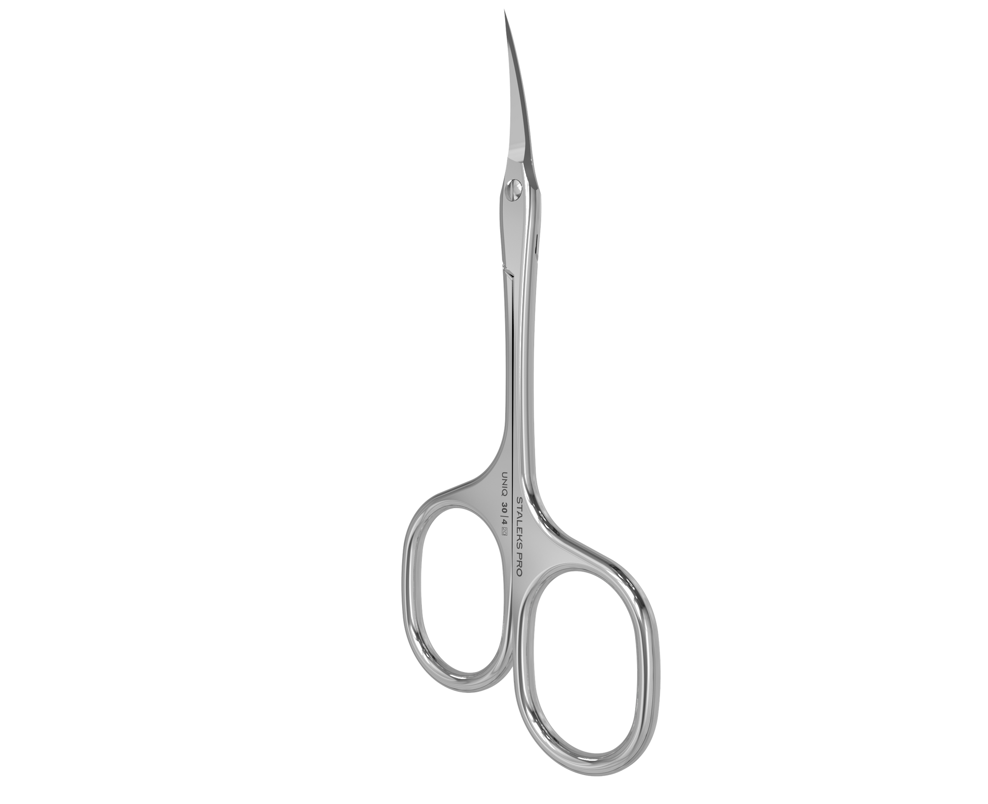 The STALEKS PRO Professional Cuticle Scissors Asymmetric UNIQ 30 TYPE 4 by Staleks feature stainless steel, curved pointed blades and ergonomic finger holes for precise nail or cuticle trimming, with expert manual sharpening for lasting sharpness.