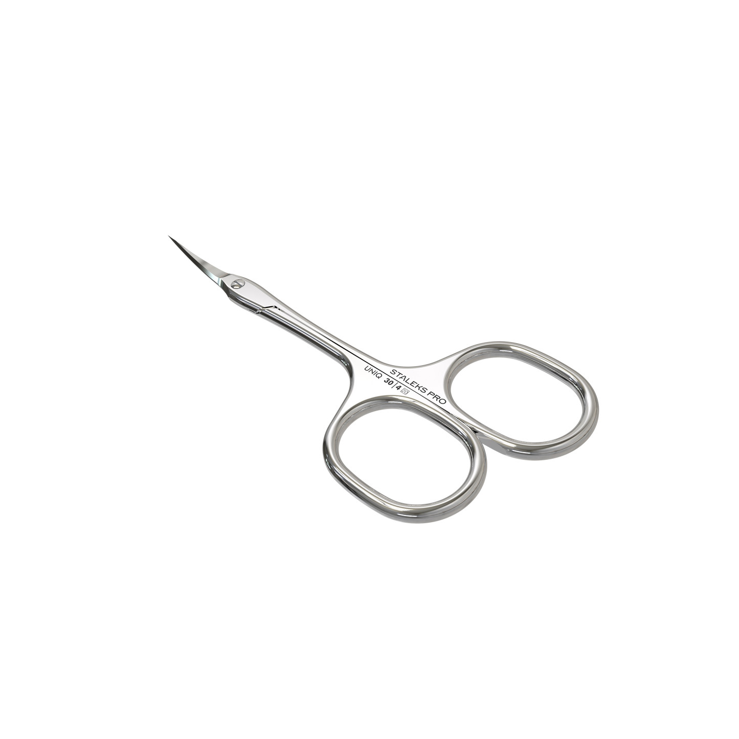 The Staleks STALEKS PRO Professional Cuticle Scissors Asymmetric UNIQ 30 Type 4 feature small, curved, manually sharpened stainless steel blades and two round finger holes, shown isolated on a black background.