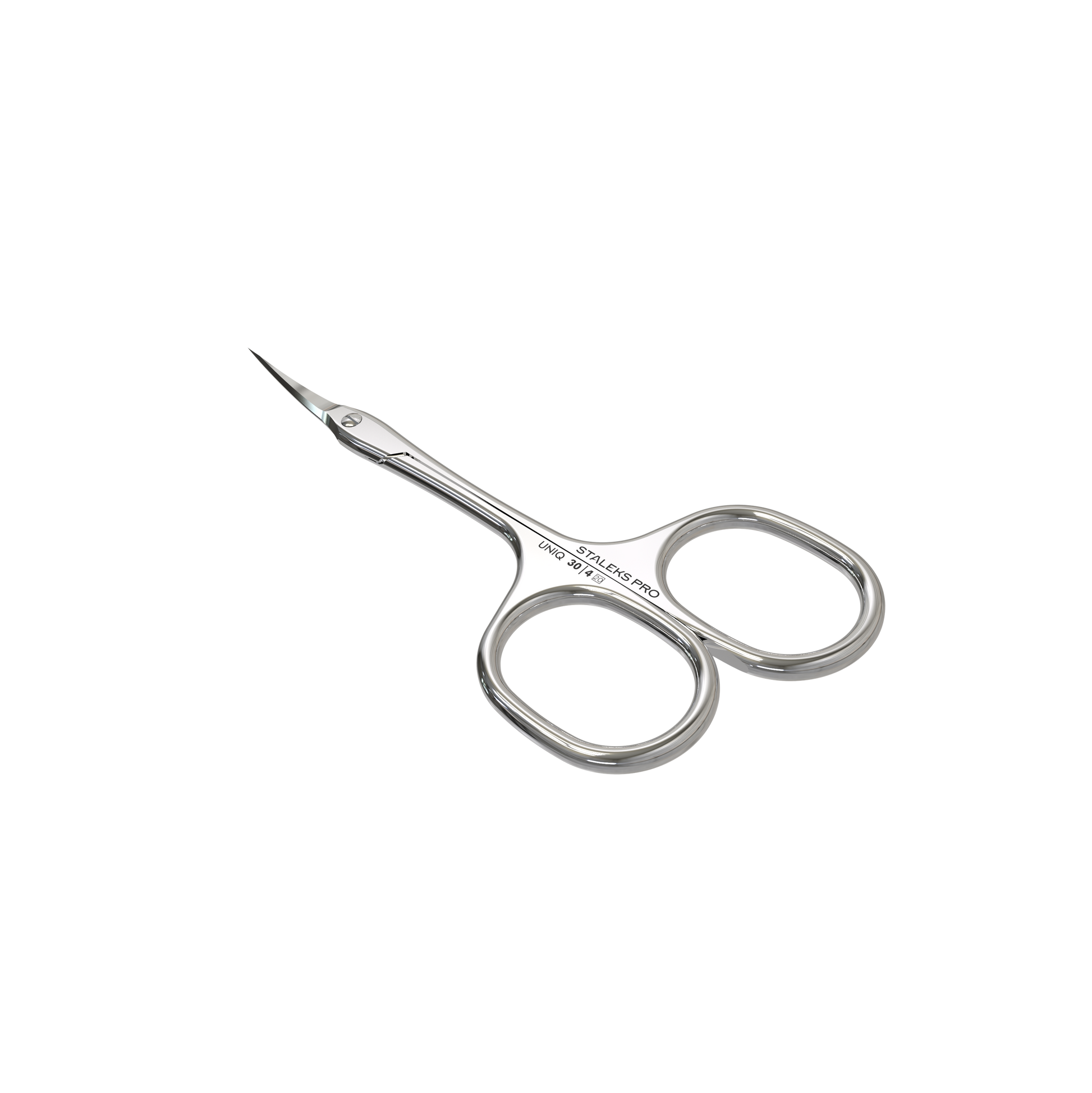 The Staleks STALEKS PRO Professional Cuticle Scissors Asymmetric UNIQ 30 Type 4 feature small, curved, manually sharpened stainless steel blades and two round finger holes, shown isolated on a black background.
