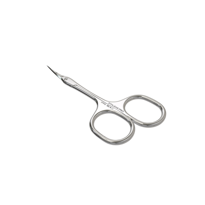 The Staleks STALEKS PRO Professional Cuticle Scissors Asymmetric UNIQ 30 Type 4 feature small, curved, manually sharpened stainless steel blades and two round finger holes, shown isolated on a black background.