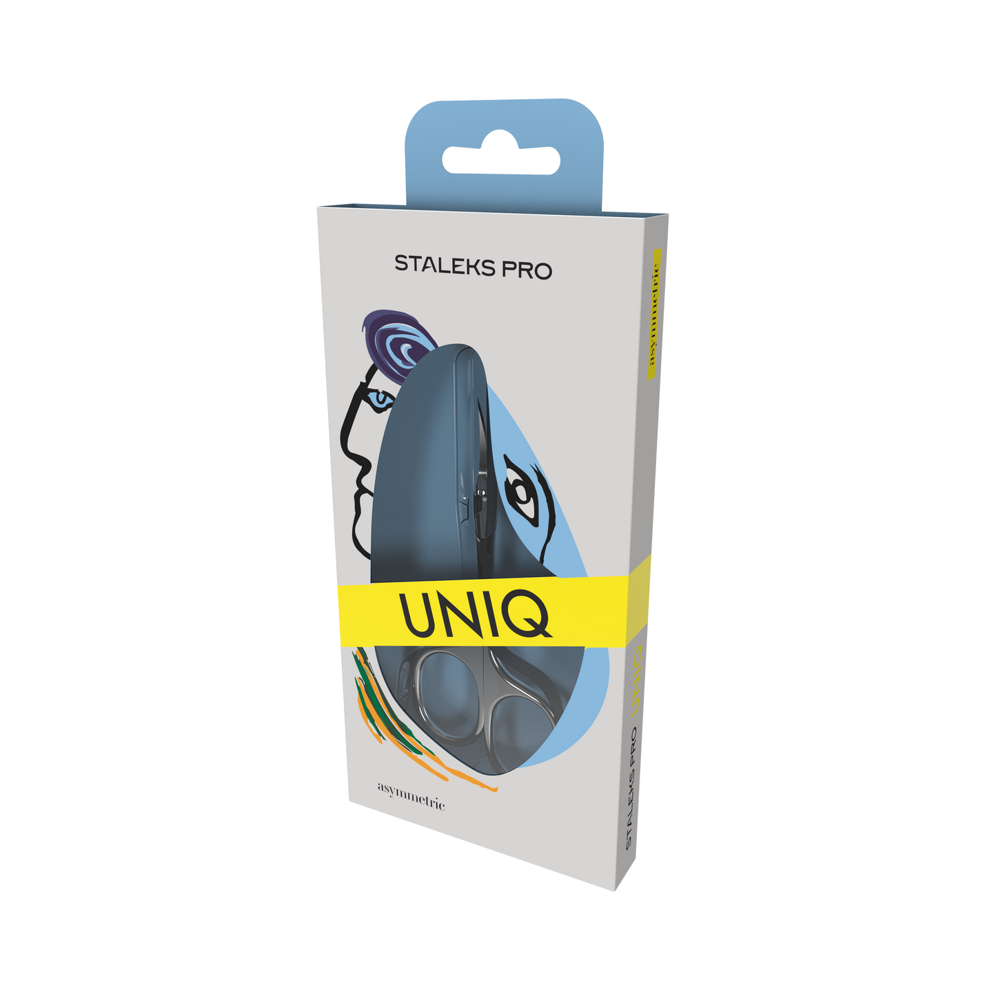 A box of Staleks STALEKS PRO Professional Cuticle Scissors Asymmetric UNIQ 30 TYPE 4 with modern face graphics, colorful accents on the packaging, and the scissors visible through a clear window.