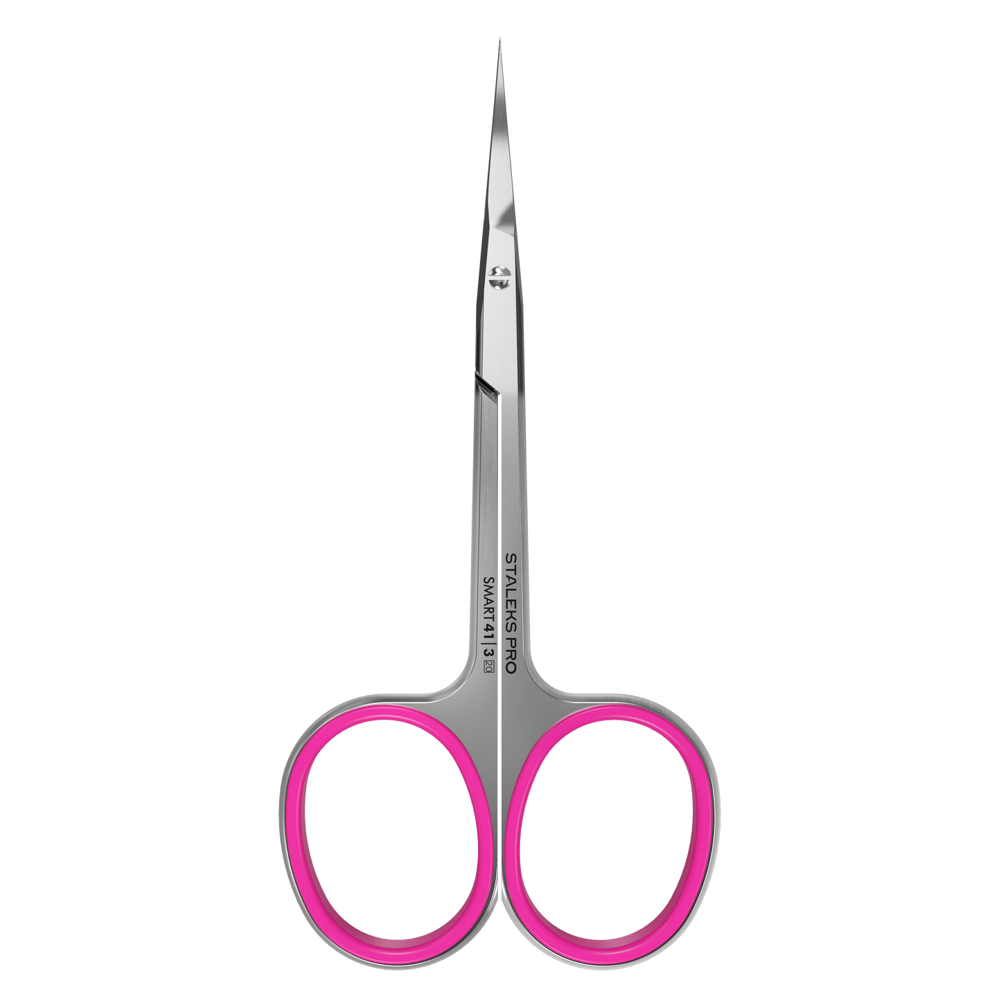 The STALEKS PRO Professional Cuticle Scissors With Hook SMART 41 TYPE 3 by Staleks feature straight, pointed high-alloy stainless steel blades and pink handles, shown against a plain black background.