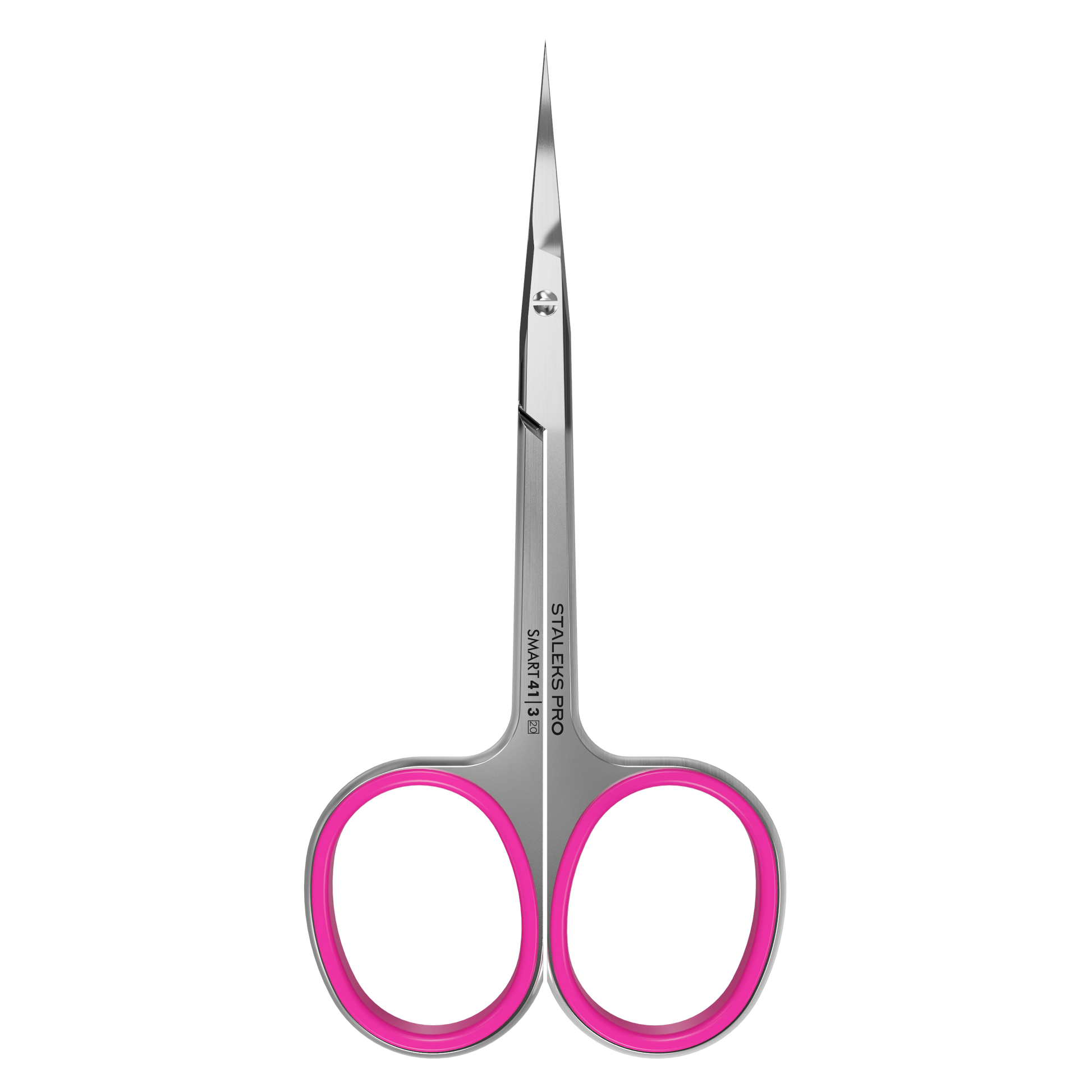 The STALEKS PRO Professional Cuticle Scissors With Hook SMART 41 TYPE 3 by Staleks feature straight, pointed high-alloy stainless steel blades and pink handles, shown against a plain black background.