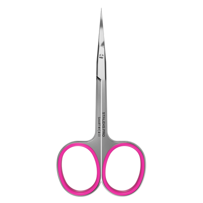 The STALEKS PRO Professional Cuticle Scissors With Hook SMART 41 TYPE 3 by Staleks feature straight, pointed high-alloy stainless steel blades and pink handles, shown against a plain black background.