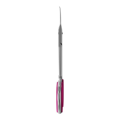 The STALEKS PRO Professional Cuticle Scissors With Hook SMART 41 TYPE 3 by Staleks are shown side-on, displaying high-alloy stainless steel blades and pink-gray handles, isolated against a black background.
