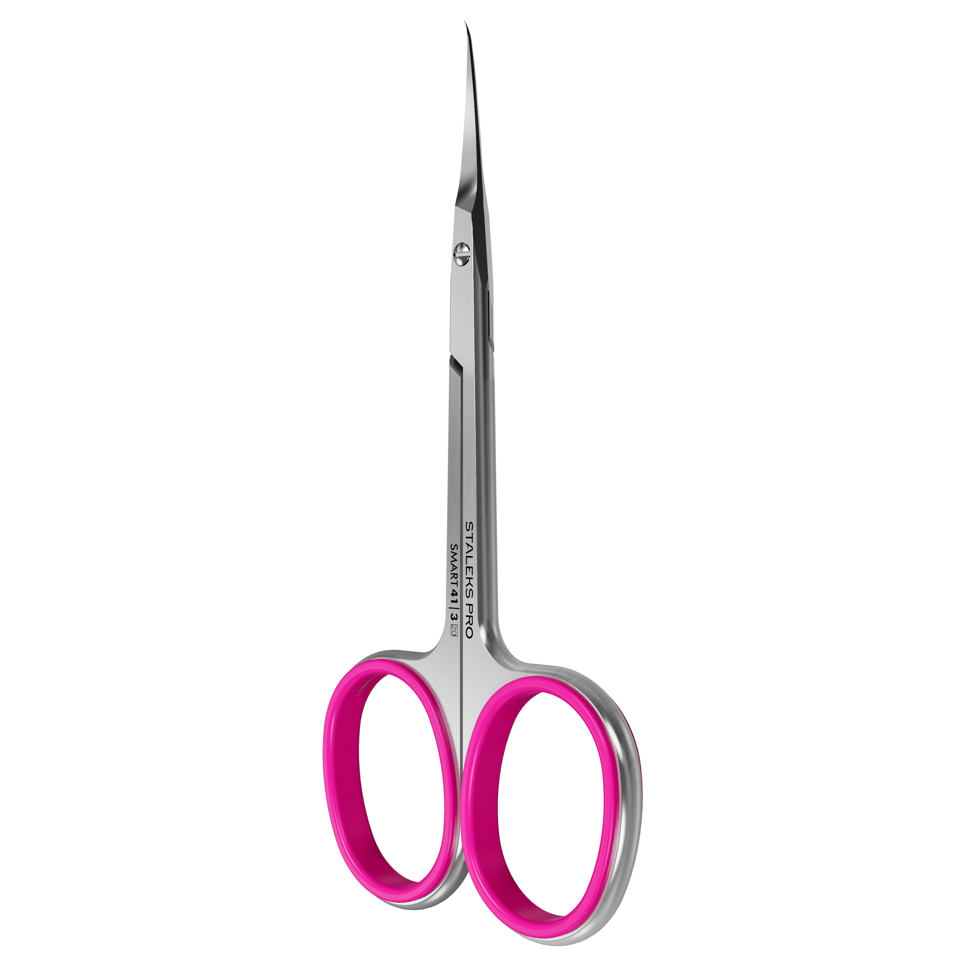 The STALEKS PRO Professional Cuticle Scissors With Hook SMART 41 TYPE 3 by Staleks feature small, high-alloy stainless steel, sharp pointed blades, and pink handles, shown upright on a white background.