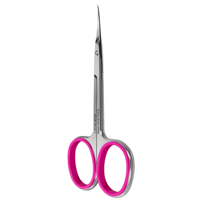 The STALEKS PRO Professional Cuticle Scissors With Hook SMART 41 TYPE 3 by Staleks feature small, high-alloy stainless steel, sharp pointed blades, and pink handles, shown upright on a white background.