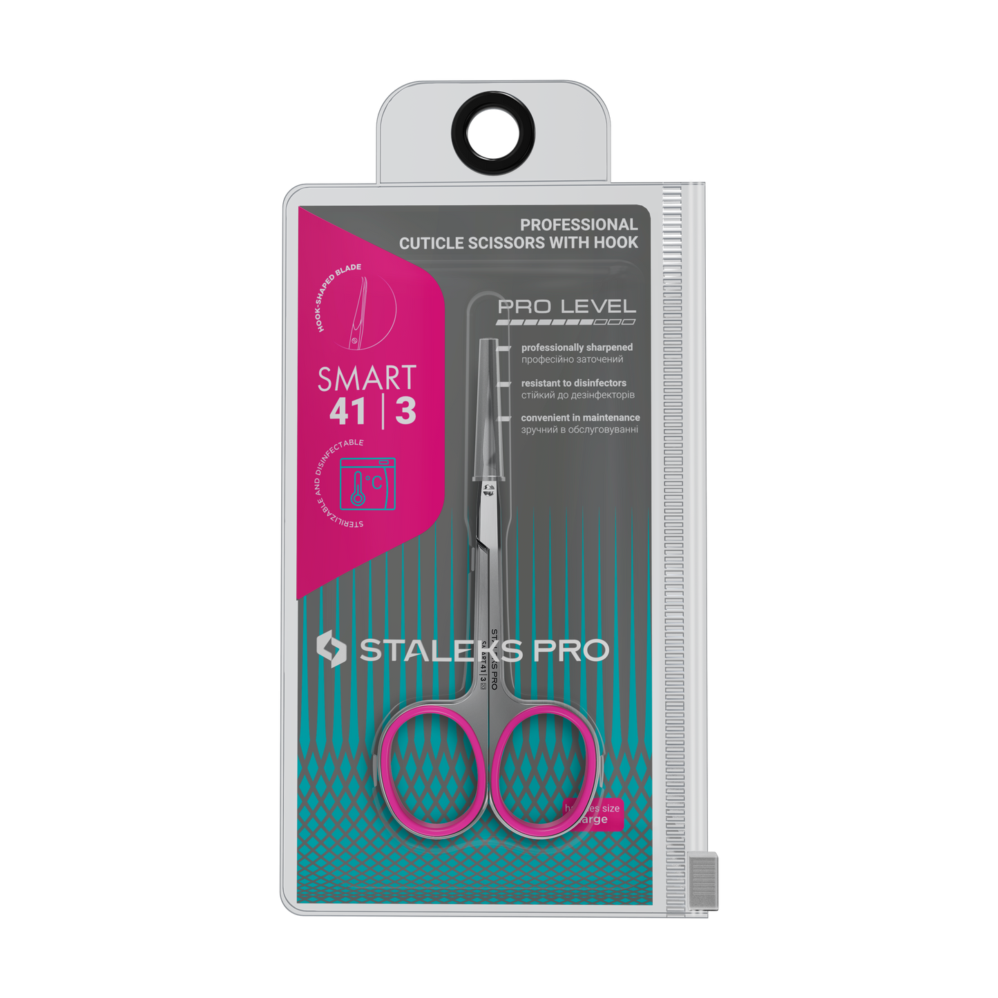 A clear case displays Staleks STALEKS PRO Professional Cuticle Scissors With Hook SMART 41 TYPE 3, featuring pink handles, curved blades, and crafted from high-alloy stainless steel, with product details and graphics on the front.