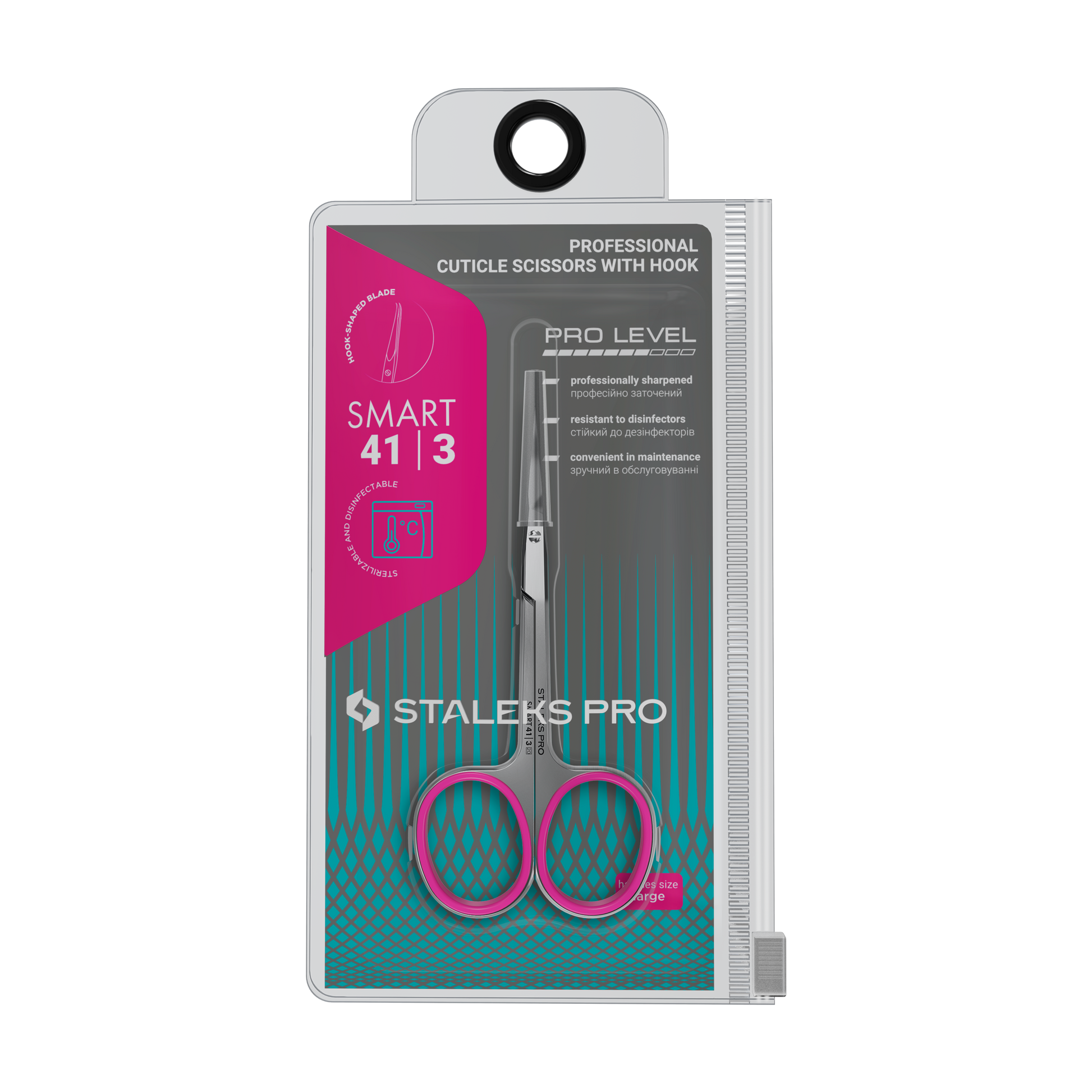 A clear case displays Staleks STALEKS PRO Professional Cuticle Scissors With Hook SMART 41 TYPE 3, featuring pink handles, curved blades, and crafted from high-alloy stainless steel, with product details and graphics on the front.