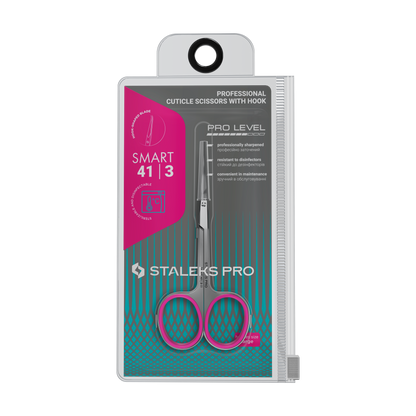 A clear case displays Staleks STALEKS PRO Professional Cuticle Scissors With Hook SMART 41 TYPE 3, featuring pink handles, curved blades, and crafted from high-alloy stainless steel, with product details and graphics on the front.
