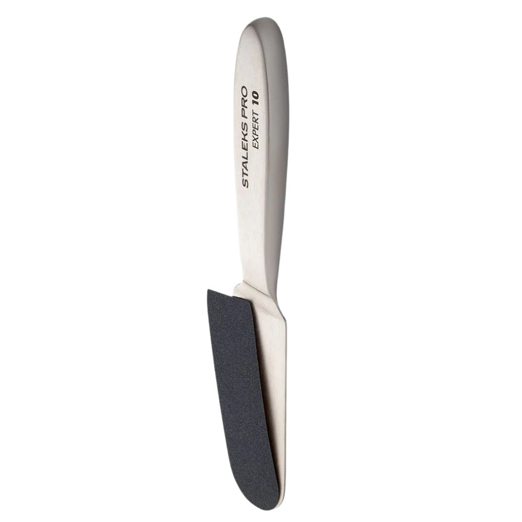 The Staleks PRO Metal Base for Pedicure Grater EXPERT 10 is a stainless steel, ergonomically angled foot file base with a matte handle, designed for professional pedicures.