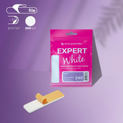 Packaging for Staleks Pro Expert White disposable files for short file (polishing file) EXPERT 51 240 grit (10 pcs), one shown outside the package. The label indicates 240 grit, and the packaging is pink and white.