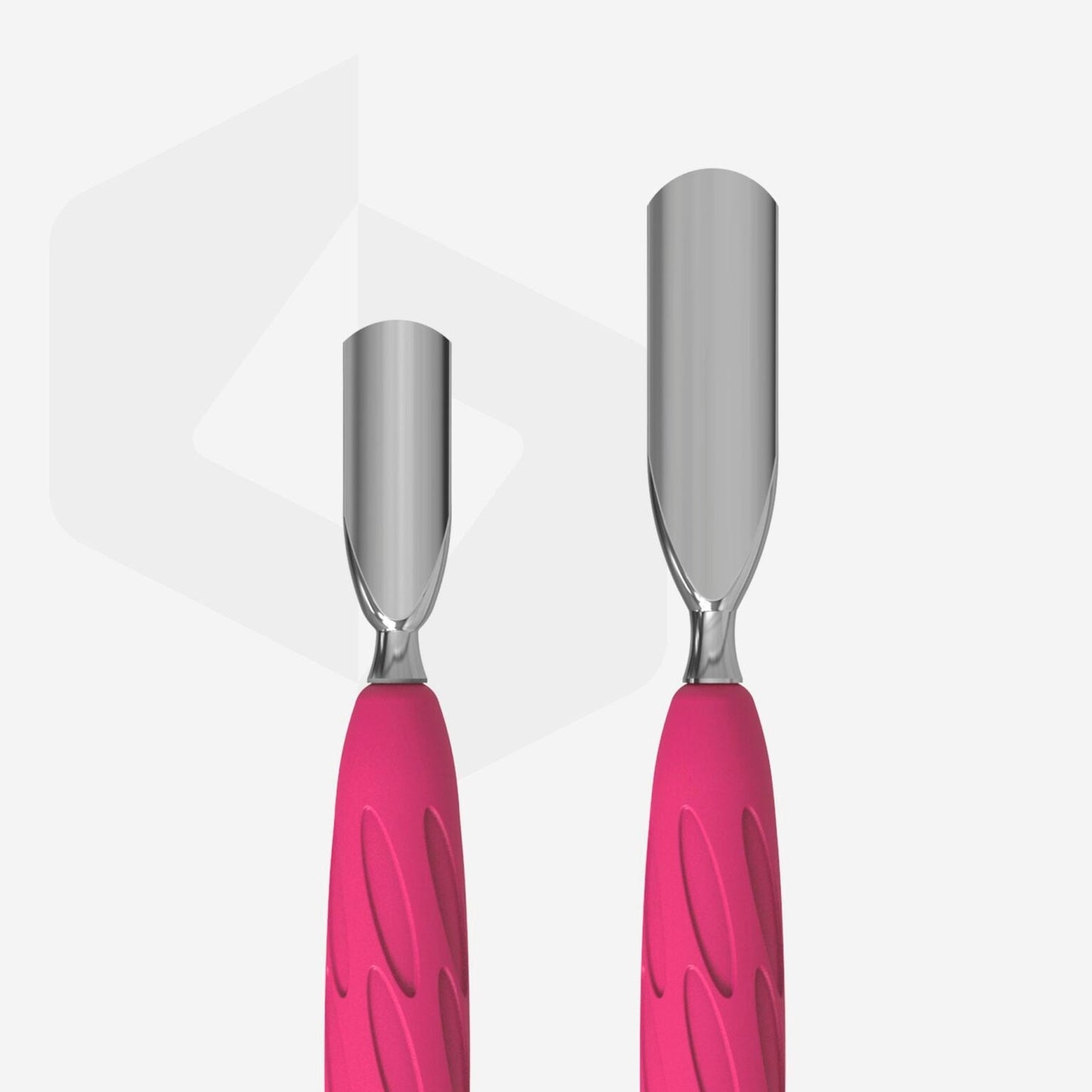 Two STALEKS PRO Gummy Manicure pushers from Staleks, featuring hypoallergenic pink silicone handles, are displayed against a light background. One is slightly larger than the other, both showcasing a curved design for precise nail care.