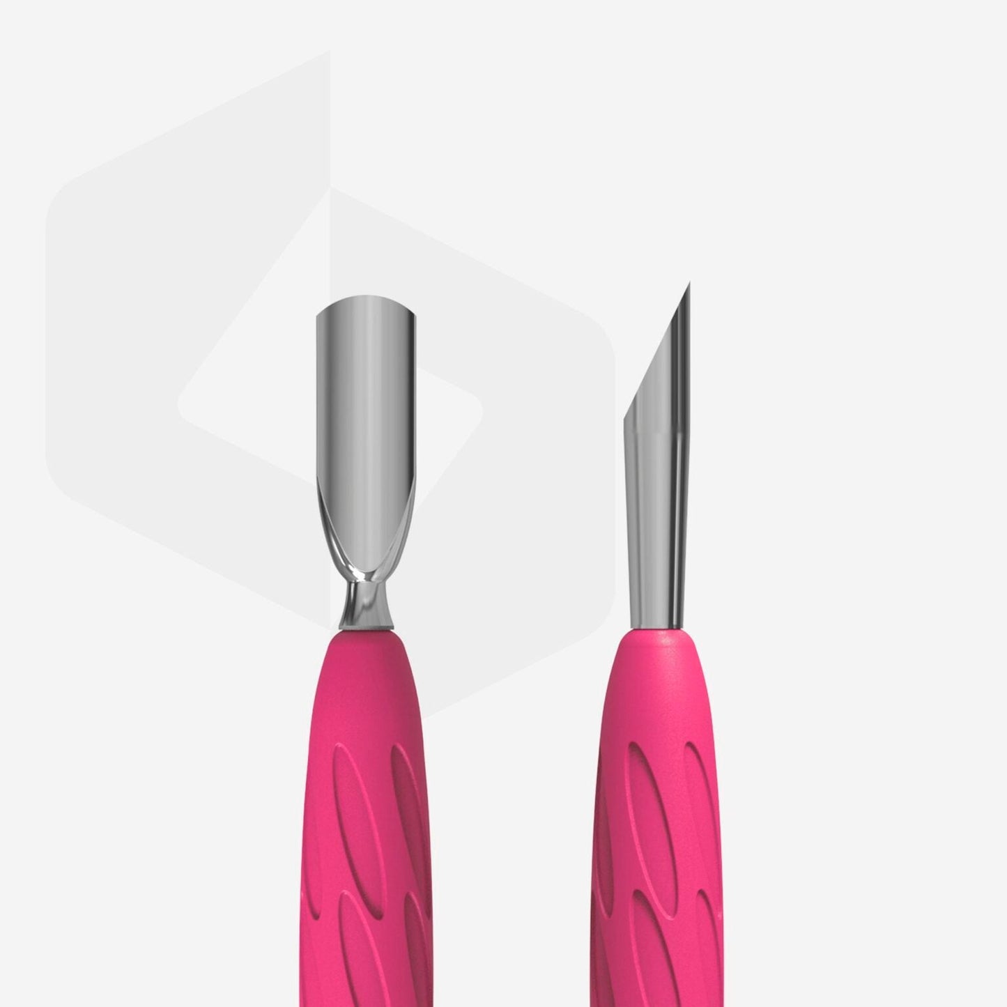 Featuring vibrant pink silicone handles, the STALEKS PRO Gummy Manicure Pusher with Silicone Handle UNIQ 10 TYPE 2 offers a narrow rounded pusher and a slanted pusher. Designed by Staleks for art or craftwork, these versatile tools provide precision akin to professional manual sharpening.