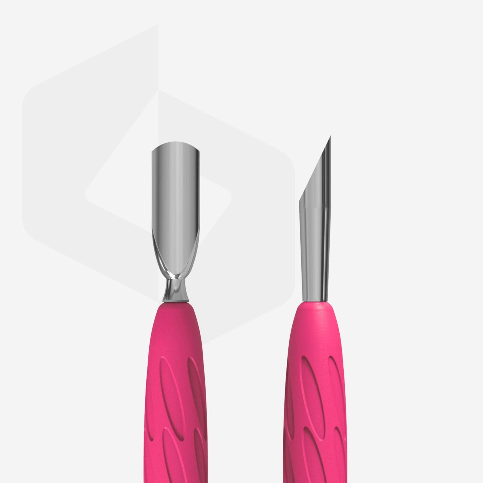 Featuring vibrant pink silicone handles, the STALEKS PRO Gummy Manicure Pusher with Silicone Handle UNIQ 10 TYPE 2 offers a narrow rounded pusher and a slanted pusher. Designed by Staleks for art or craftwork, these versatile tools provide precision akin to professional manual sharpening.