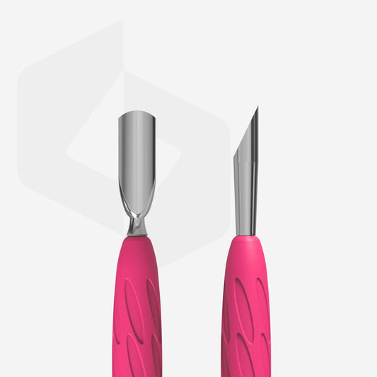 Featuring vibrant pink silicone handles, the STALEKS PRO Gummy Manicure Pusher with Silicone Handle UNIQ 10 TYPE 2 offers a narrow rounded pusher and a slanted pusher. Designed by Staleks for art or craftwork, these versatile tools provide precision akin to professional manual sharpening.
