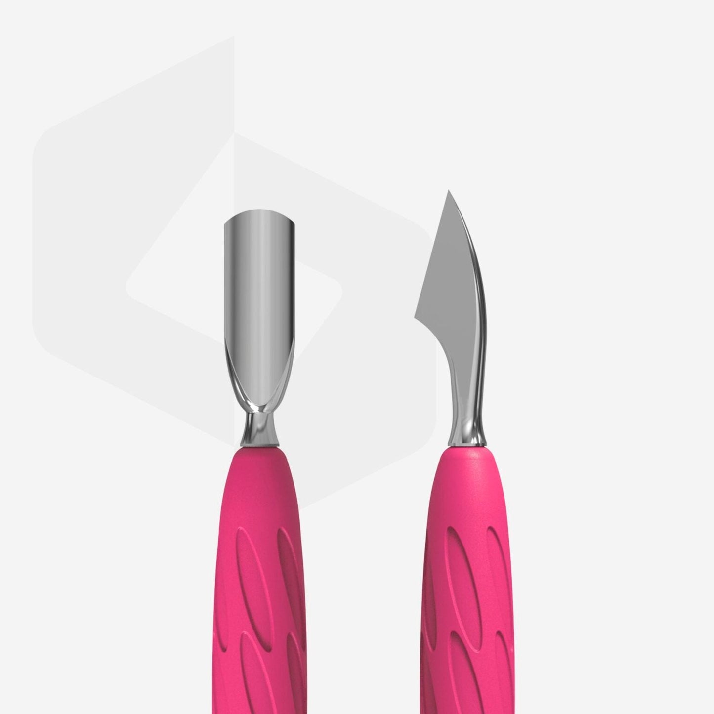 Discover the STALEKS PRO Gummy Manicure Pusher by Staleks, featuring a pink silicone handle. This set includes a narrow rounded pusher with a scoop-like tip and a hatchet tool with a pointed, knife-like tip. Both tools are designed with textured handles for superior grip, making them perfect for precise manicure and pedicure tasks. They are professionally hand-sharpened to ensure optimal performance.