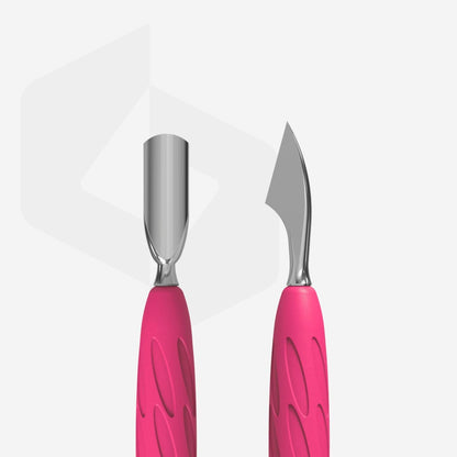 Discover the STALEKS PRO Gummy Manicure Pusher by Staleks, featuring a pink silicone handle. This set includes a narrow rounded pusher with a scoop-like tip and a hatchet tool with a pointed, knife-like tip. Both tools are designed with textured handles for superior grip, making them perfect for precise manicure and pedicure tasks. They are professionally hand-sharpened to ensure optimal performance.