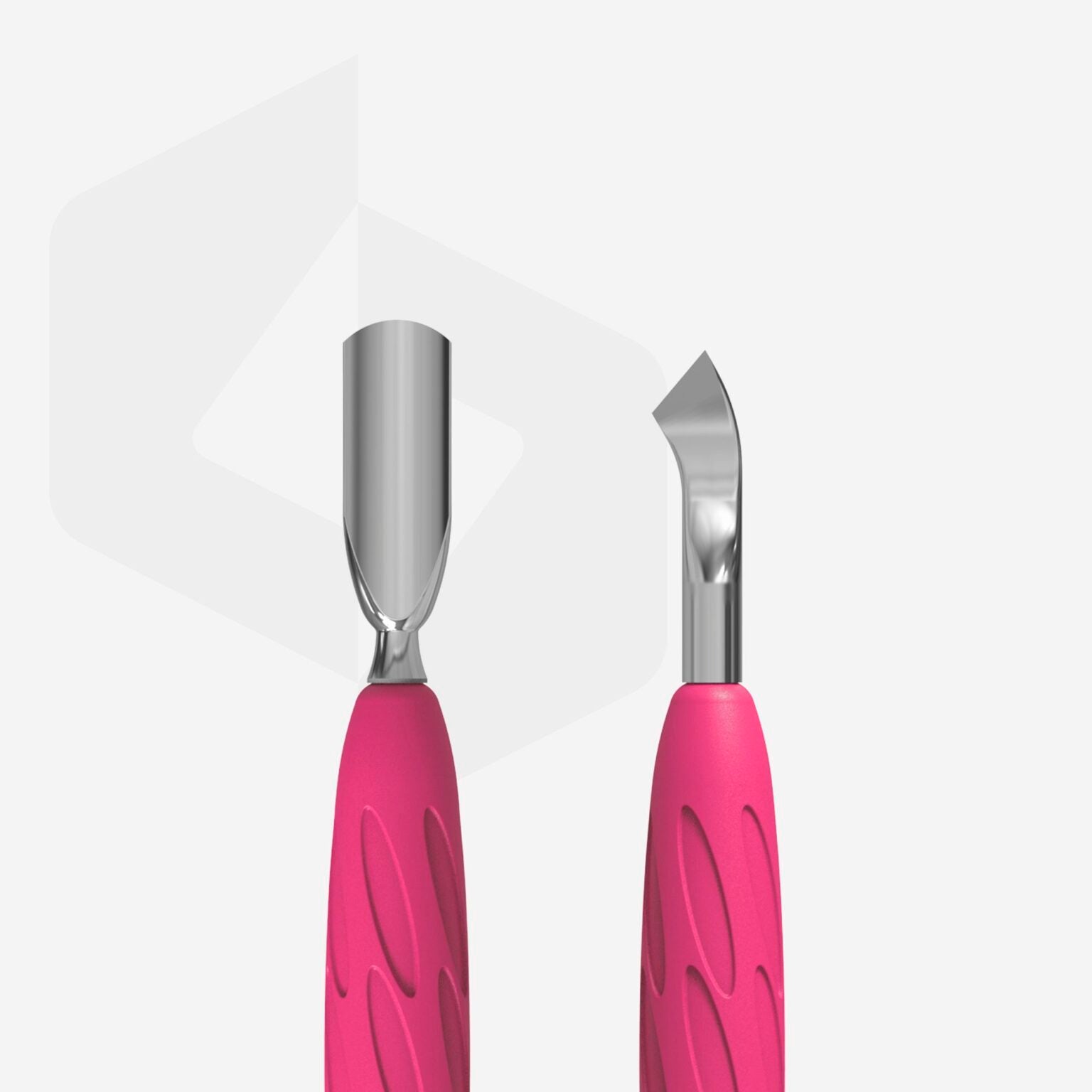Displayed against a light gray background are two STALEKS PRO Gummy Manicure Pushers from the brand Staleks, featuring textured pink silicone handles and metallic blades. The left tool, ideal for manicure and pedicure tasks, includes a narrow rounded pusher with a curved blade, while the right boasts an angled blade; both tools are professionally sharpened for precision.