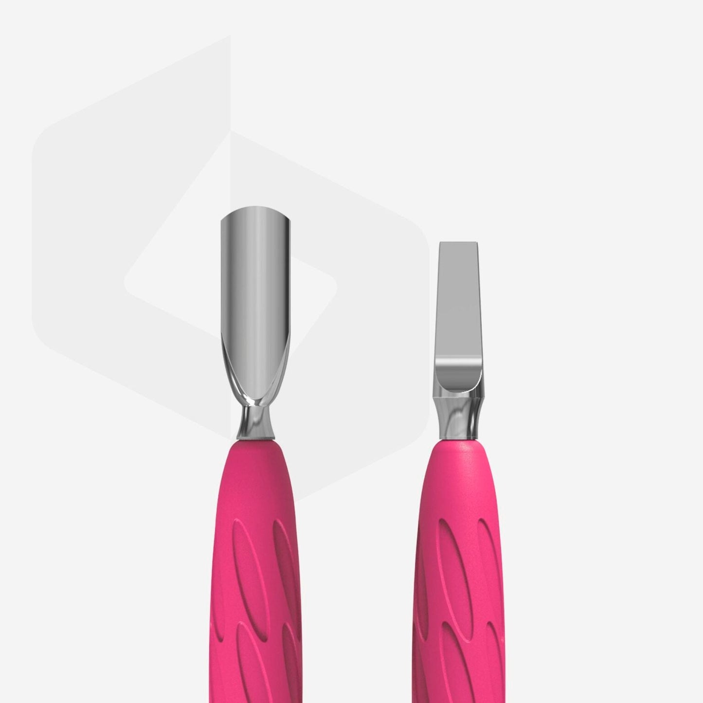 Displayed against a light background are two STALEKS PRO manicure tools featuring pink silicone handles and stainless steel tips. One tool is the Gummy Manicure Pusher with a narrow rounded pusher, while the other features a wide blade edge.