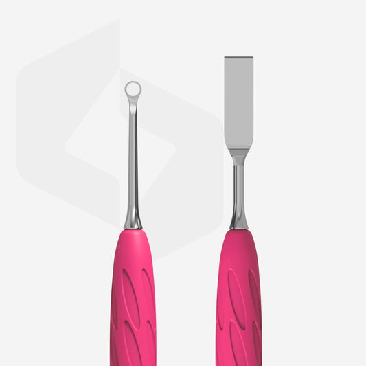 The image features two STALEKS PRO Gummy Manicure Pushers with silicone handles and metal tips from the Staleks brand, including one with a circular open end and another with a flat, chisel-like tip reminiscent of professional manual sharpening tools, all set against a plain white background.