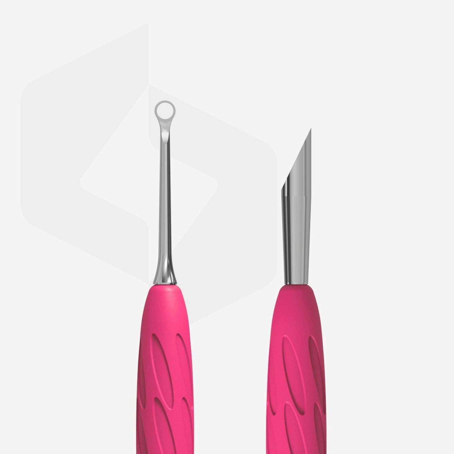 Close-up of two STALEKS PRO Gummy Manicure Pushers with professional manual sharpening and pink textured silicone handles. The tool on the left includes a ring end, while the one on the right showcases a slanted pusher tip. They are artfully positioned against a plain white background.