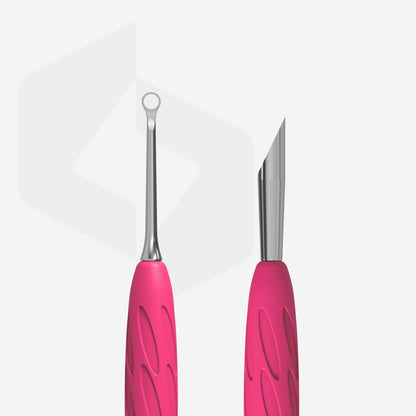 Close-up of two STALEKS PRO Gummy Manicure Pushers with professional manual sharpening and pink textured silicone handles. The tool on the left includes a ring end, while the one on the right showcases a slanted pusher tip. They are artfully positioned against a plain white background.