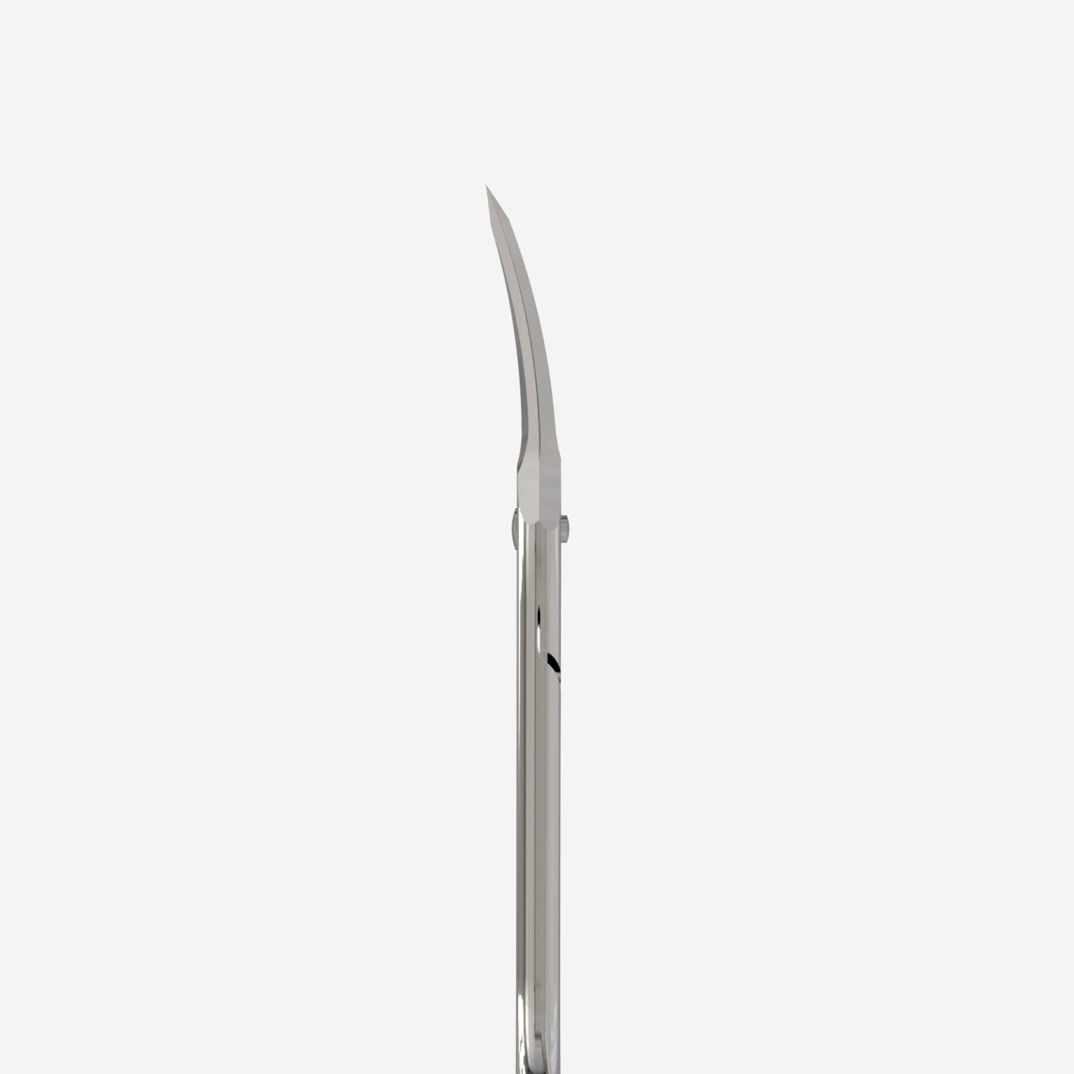 The image features a detailed view of the STALEKS PRO Asymmetric Professional Cuticle Scissors UNIQ 20 TYPE 4 by Staleks, showcasing its ergonomic and sleek silver design. The slightly curved blades emphasize their precision, while the reflective handle adds an elegant touch against a white background.