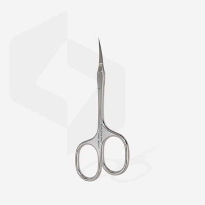 The STALEKS PRO Asymmetric Professional Cuticle Scissors UNIQ 20 TYPE 4, crafted by Staleks, are sleek silver scissors with curved, pointed blades. Designed with ergonomic asymmetric rings, these professional tools are displayed upright against a plain white background featuring a subtle geometric pattern on the left side.