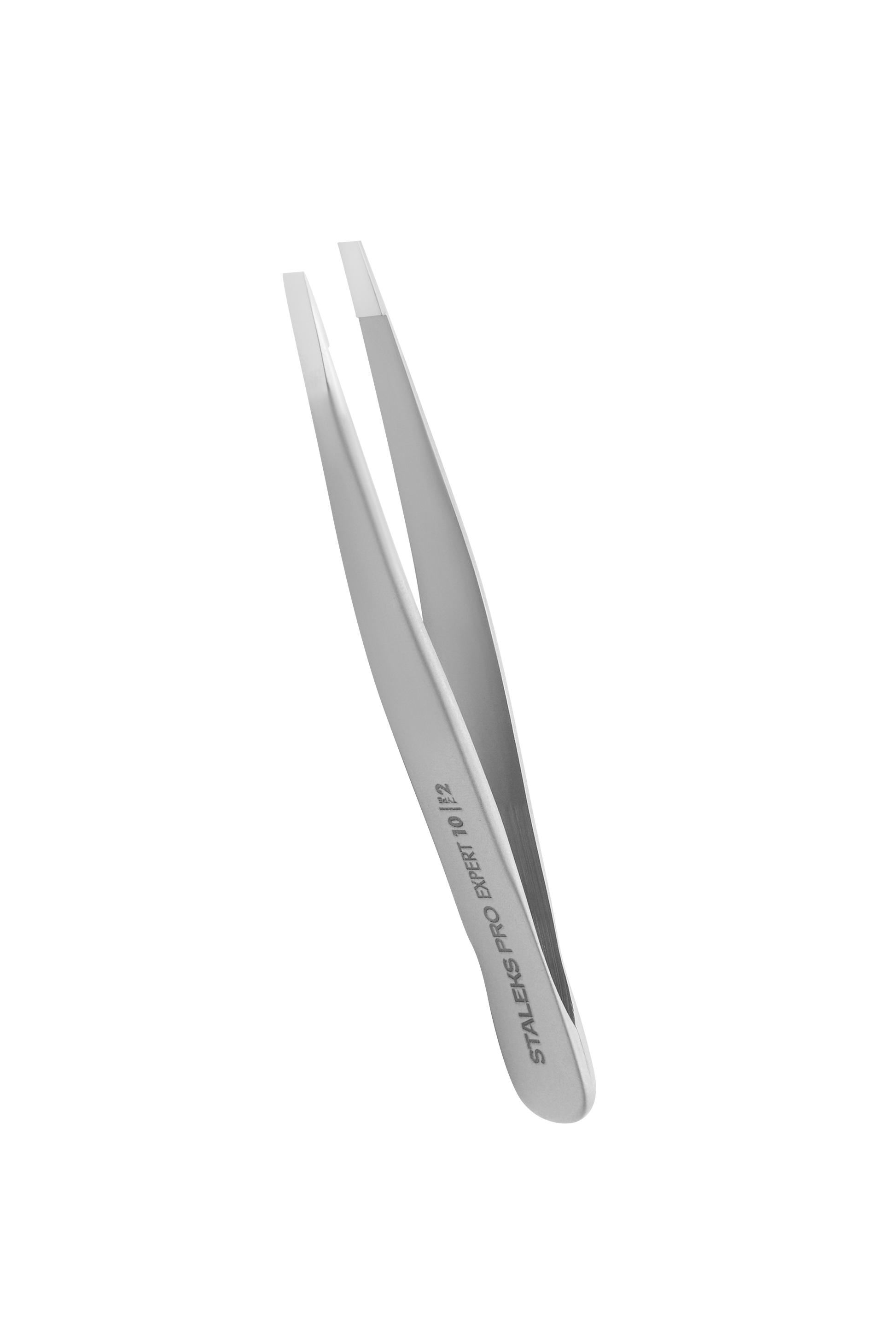 The STALEKS PRO Eyebrow Tweezers EXPERT 10 TYPE 2 (narrow straight) by Staleks, featuring stainless steel construction and the brand name engraved on the side, are designed for precise eyebrow correction and shown against a black background.