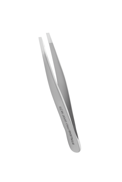 The STALEKS PRO Eyebrow Tweezers EXPERT 10 TYPE 2 (narrow straight) by Staleks, featuring stainless steel construction and the brand name engraved on the side, are designed for precise eyebrow correction and shown against a black background.