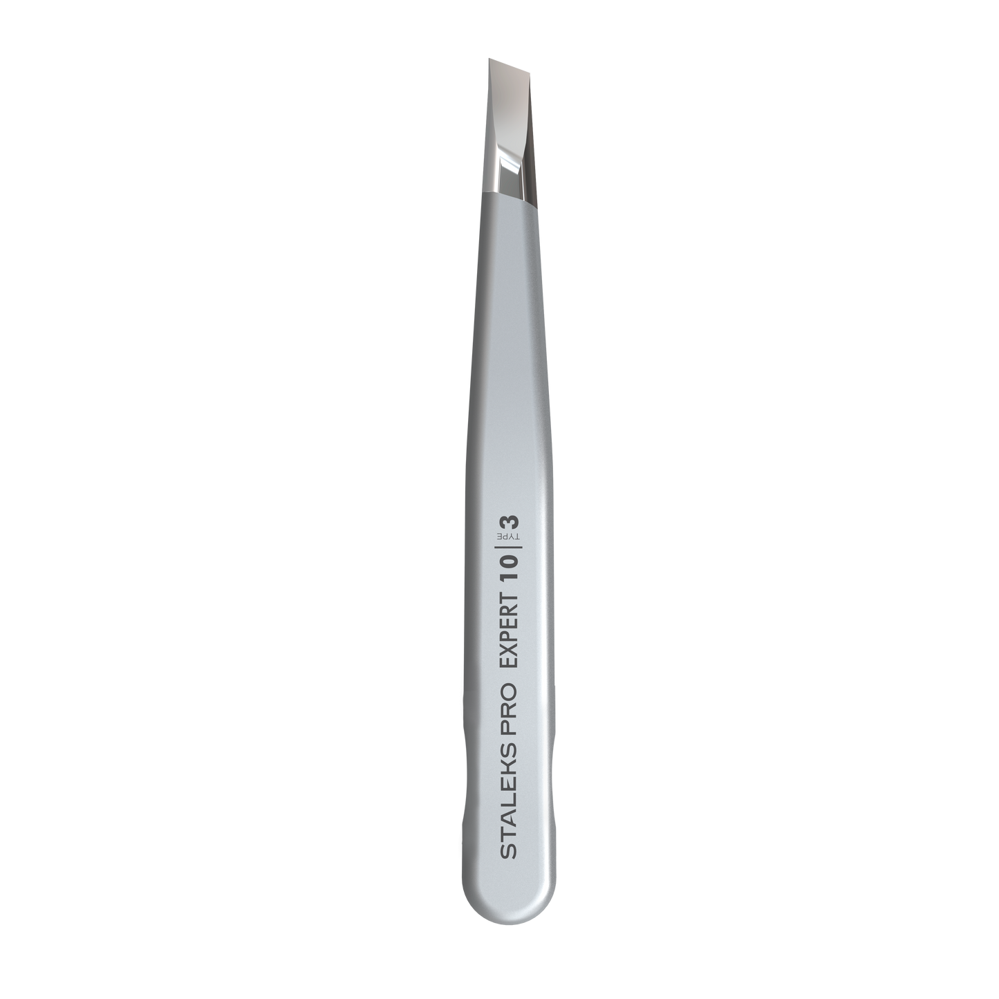 The STALEKS PRO Eyebrow Tweezers EXPERT 10 TYPE 3 (wide beveled) by Staleks is a silver, slant-tip stainless steel tool with its name printed vertically on the handle, ideal for precise eyebrow correction. Shown against a black background.