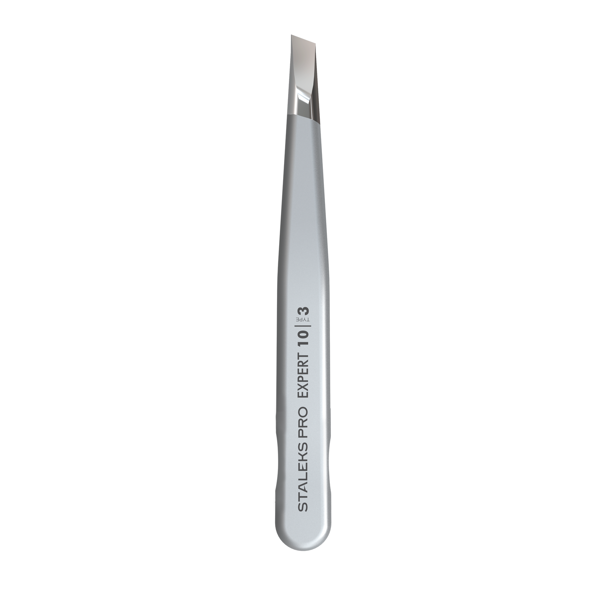 The STALEKS PRO Eyebrow Tweezers EXPERT 10 TYPE 3 (wide beveled) by Staleks is a silver, slant-tip stainless steel tool with its name printed vertically on the handle, ideal for precise eyebrow correction. Shown against a black background.